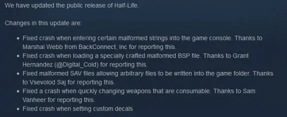 Half-Life patch notes
